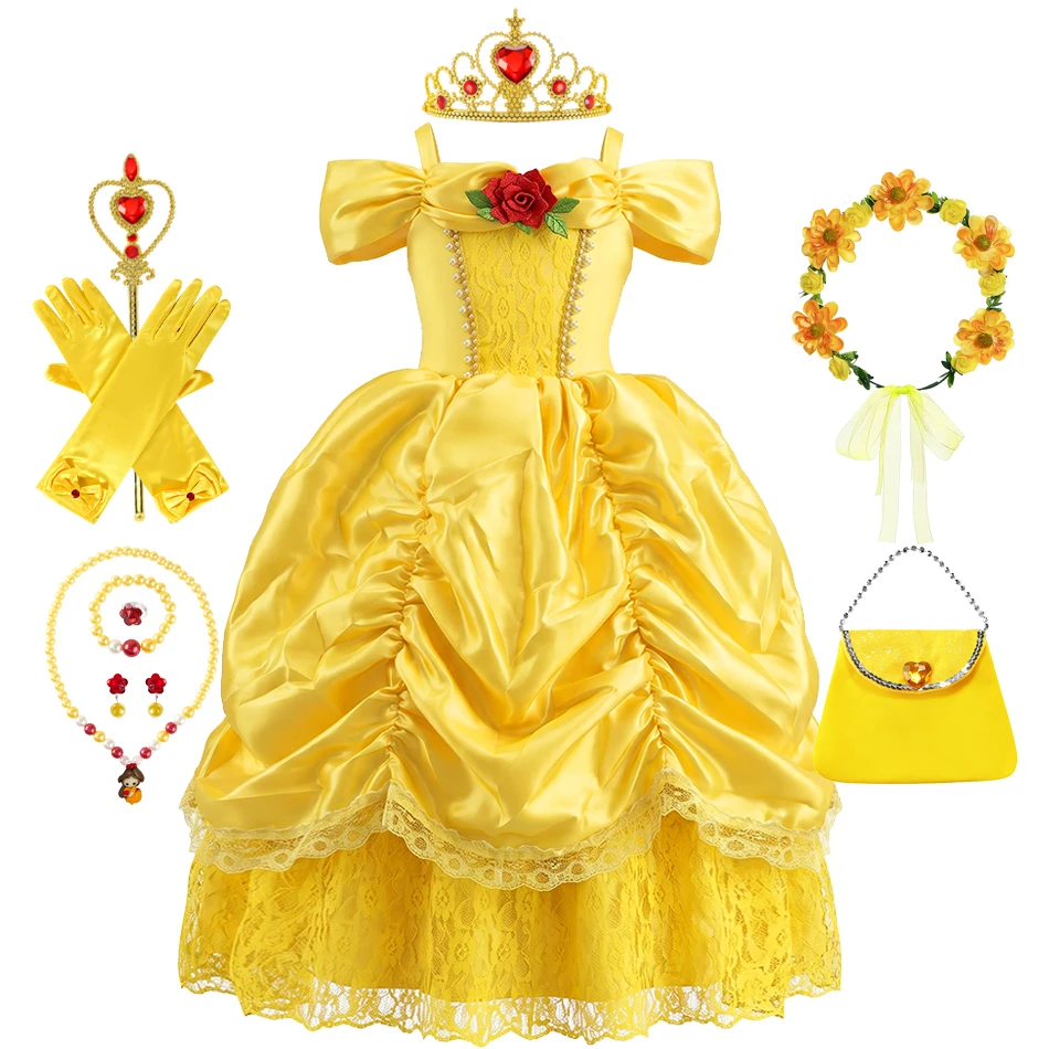Girls Belle Princess Dress Off Shoulder Yellow Satin Lace Ball Gown with Accessories Set for Halloween Birthday Party Dress Up
Girls Belle Princess Dress Off Shoulder Yellow Satin Lace Ball Gown with Accessories Set for Halloween Birthday Party Dress Up