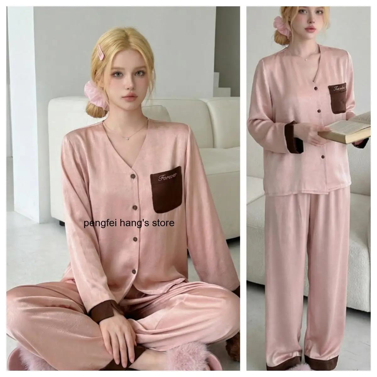 Women Spring Summer Ice Silk Pajama Set, V-Neck Long Sleeve, Fashion Casual Soft Silky Daily Loungewear Nightwear
Women Spring Summer Ice Silk Pajama Set, V-Neck Long Sleeve, Fashion Casual Soft Silky Daily Loungewear Nightwear