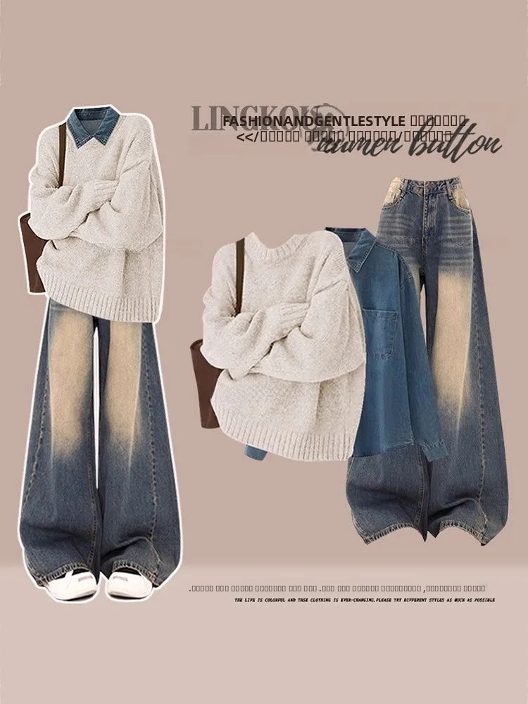 Korean Sle plus Size Knitted Sweater And Wide Leg Jeans Women's Slimming Tee Piece Set High Waist Trousers Winter Faion
Korean Sle plus Size Knitted Sweater And Wide Leg Jeans Women's Slimming Tee Piece Set High Waist Trousers Winter Faion