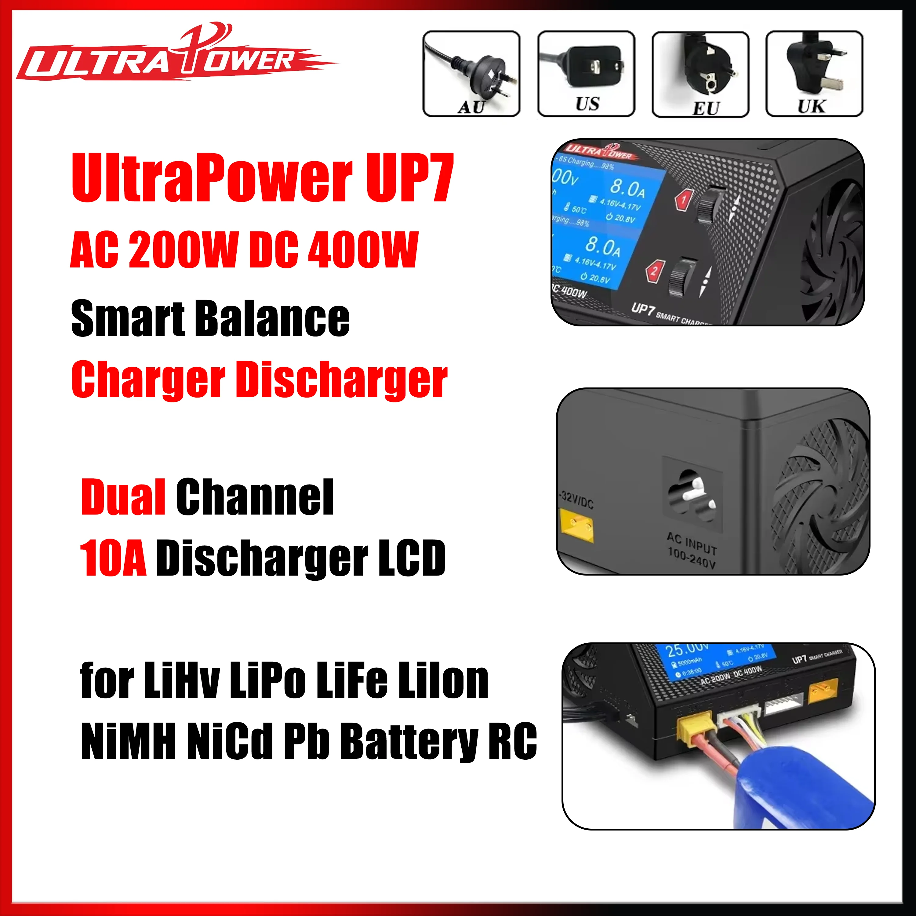 UltraPower UP7 Smart Battery Balance Charger AC 200W DC 400W Dual Channel 10A Discharger LCD for Lipo LiHV Lilon LiFe RC Model
UltraPower UP7 Smart Battery Balance Charger AC 200W DC 400W Dual Channel 10A Discharger LCD for Lipo LiHV Lilon LiFe RC Model