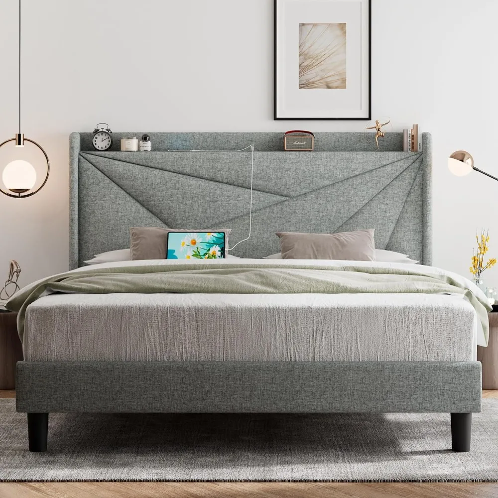 Queen Bed Frame with Type-C & USB Ports, Upholstered Platform Bed Frame with Wingback Storage Headboard
Queen Bed Frame with Type-C & USB Ports, Upholstered Platform Bed Frame with Wingback Storage Headboard