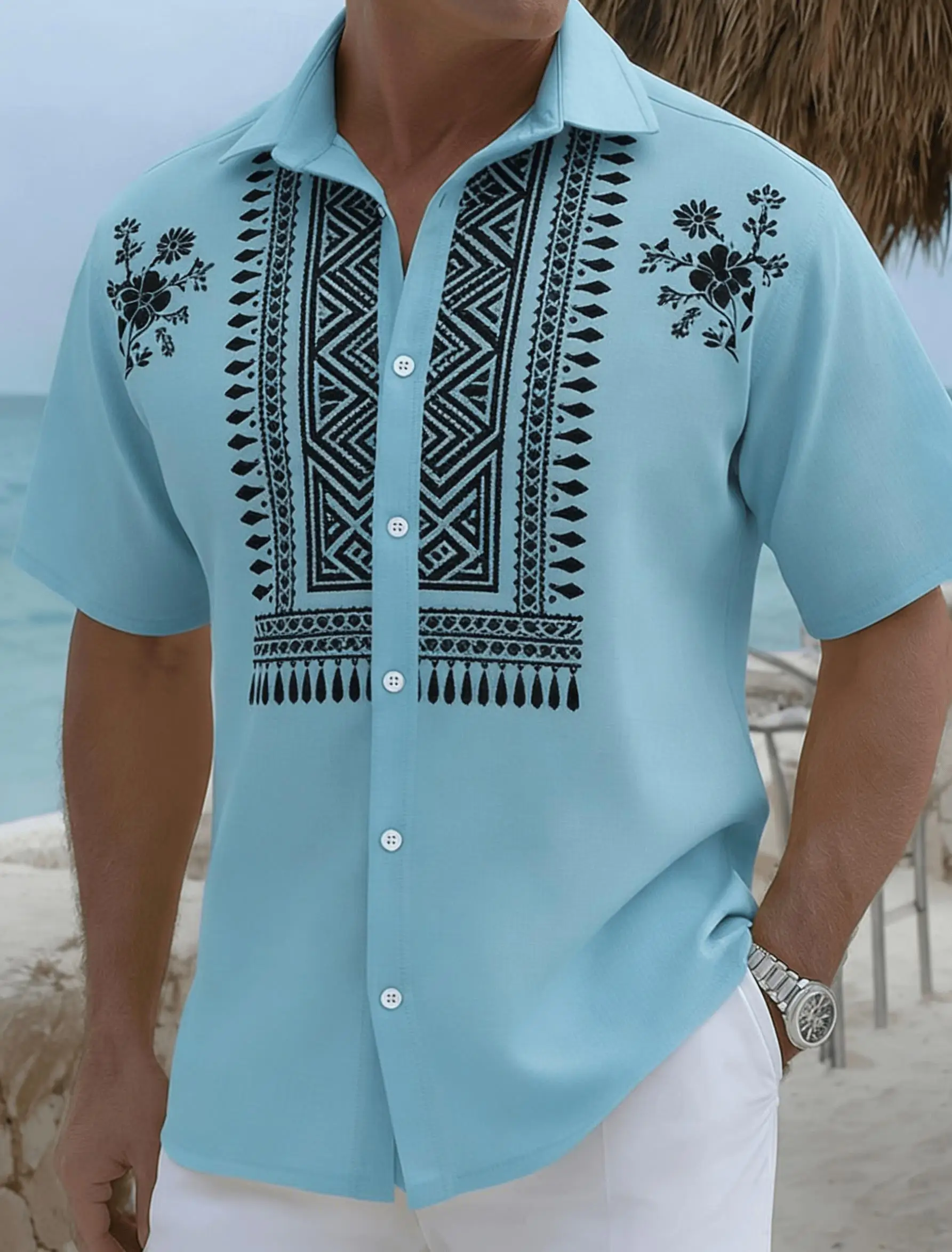 Men's Light Blue Ethnic Geometric Print Short Sleeve Shirt, Spring Summer Fresh Vacation Casual Top, Pocket Lapel Style
Men's Light Blue Ethnic Geometric Print Short Sleeve Shirt, Spring Summer Fresh Vacation Casual Top, Pocket Lapel Style