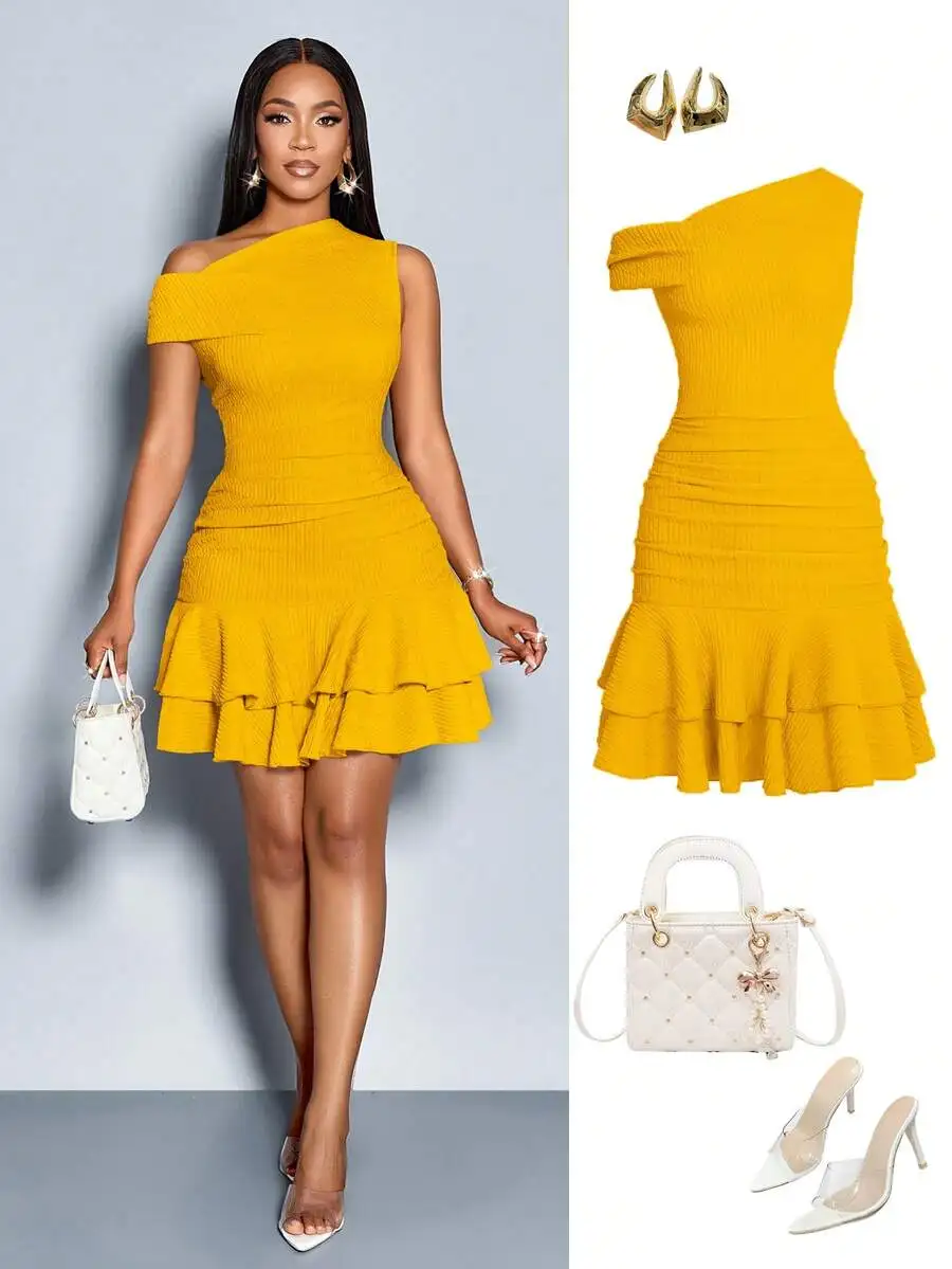 Womens Yellow Knitted Asymmetrical One Shoulder Ruffle Mini Dress For Spring Summer
Womens Yellow Knitted Asymmetrical One Shoulder Ruffle Mini Dress For Spring Summer