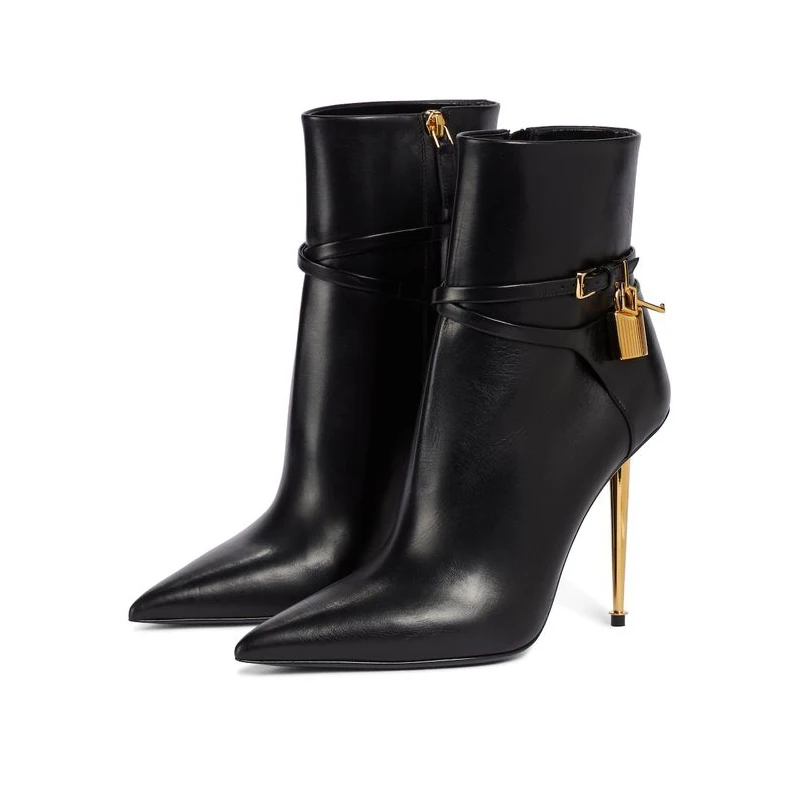 Sexy Metal Lock Decorate Ankle Boots Women Gold Stiletto High Heel Pointed Toe Short Booties Fashion Zipper Boots
Sexy Metal Lock Decorate Ankle Boots Women Gold Stiletto High Heel Pointed Toe Short Booties Fashion Zipper Boots