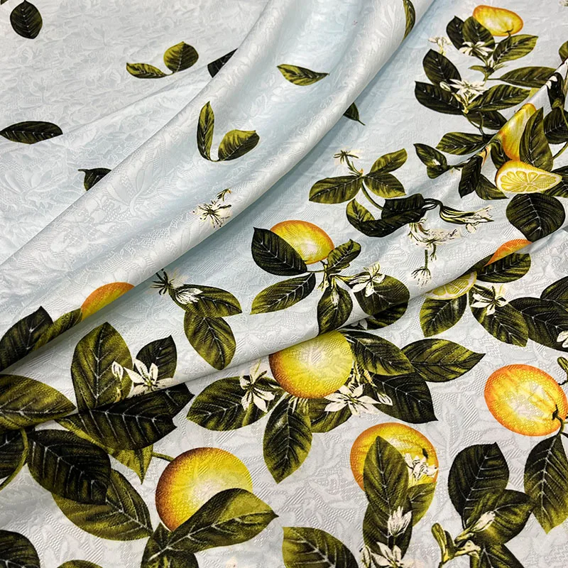 Тонкий жаккардовый материал с принтом желтого лимона и листьев для женского трапециевидного платья, ткань ручной работы «сделай сам», швейный материал 
Тонкий жаккардовый материал с принтом желтого лимона и листьев для женского трапециевидного платья, ткань ручной работы «сделай сам», швейный материал