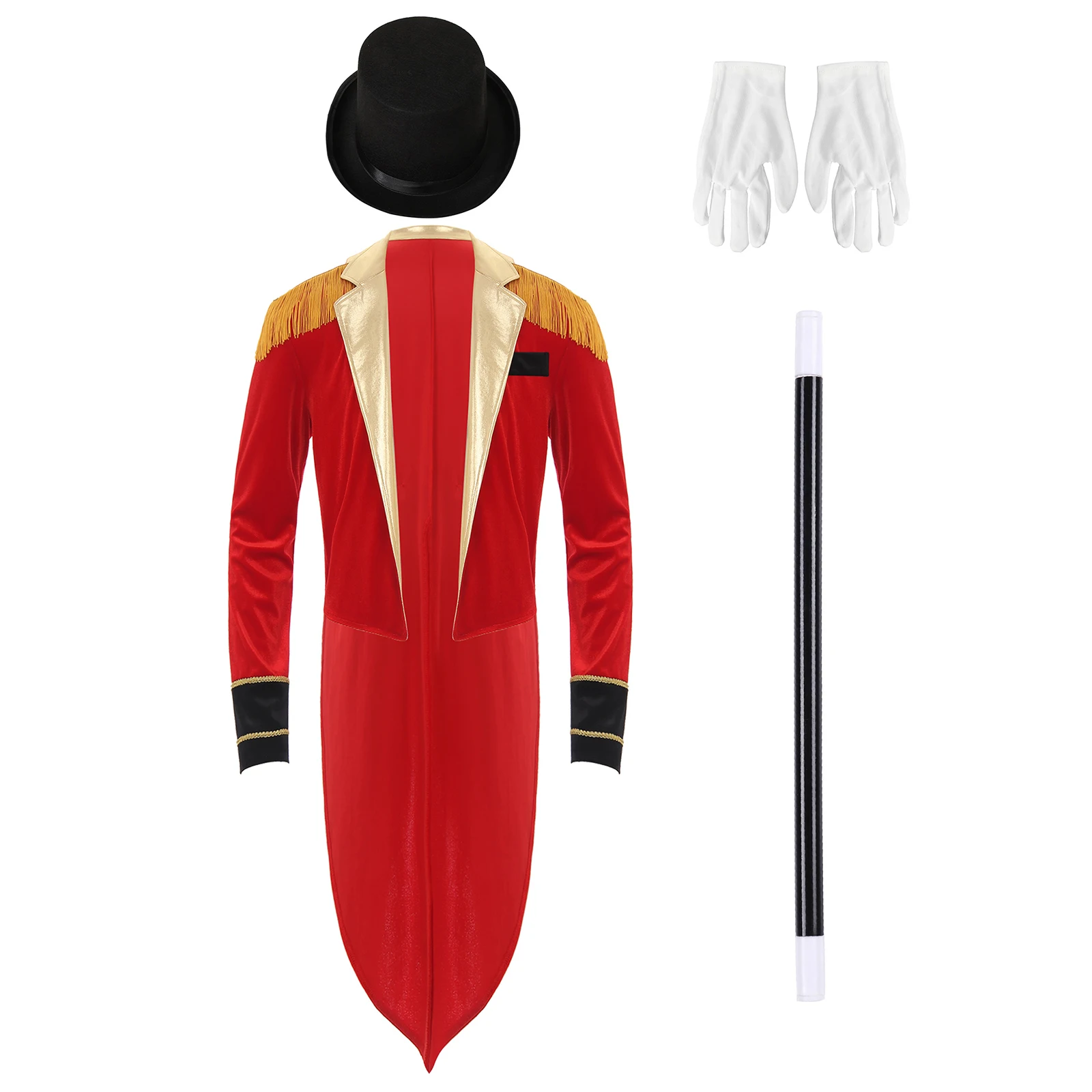 Mens Magician Cosplay Costume Halloween Circus Ringmaster Dress Up Long Sleeve Lapel Tassel Jacket Tailcoat with Hat Magic Wand
Mens Magician Cosplay Costume Halloween Circus Ringmaster Dress Up Long Sleeve Lapel Tassel Jacket Tailcoat with Hat Magic Wand