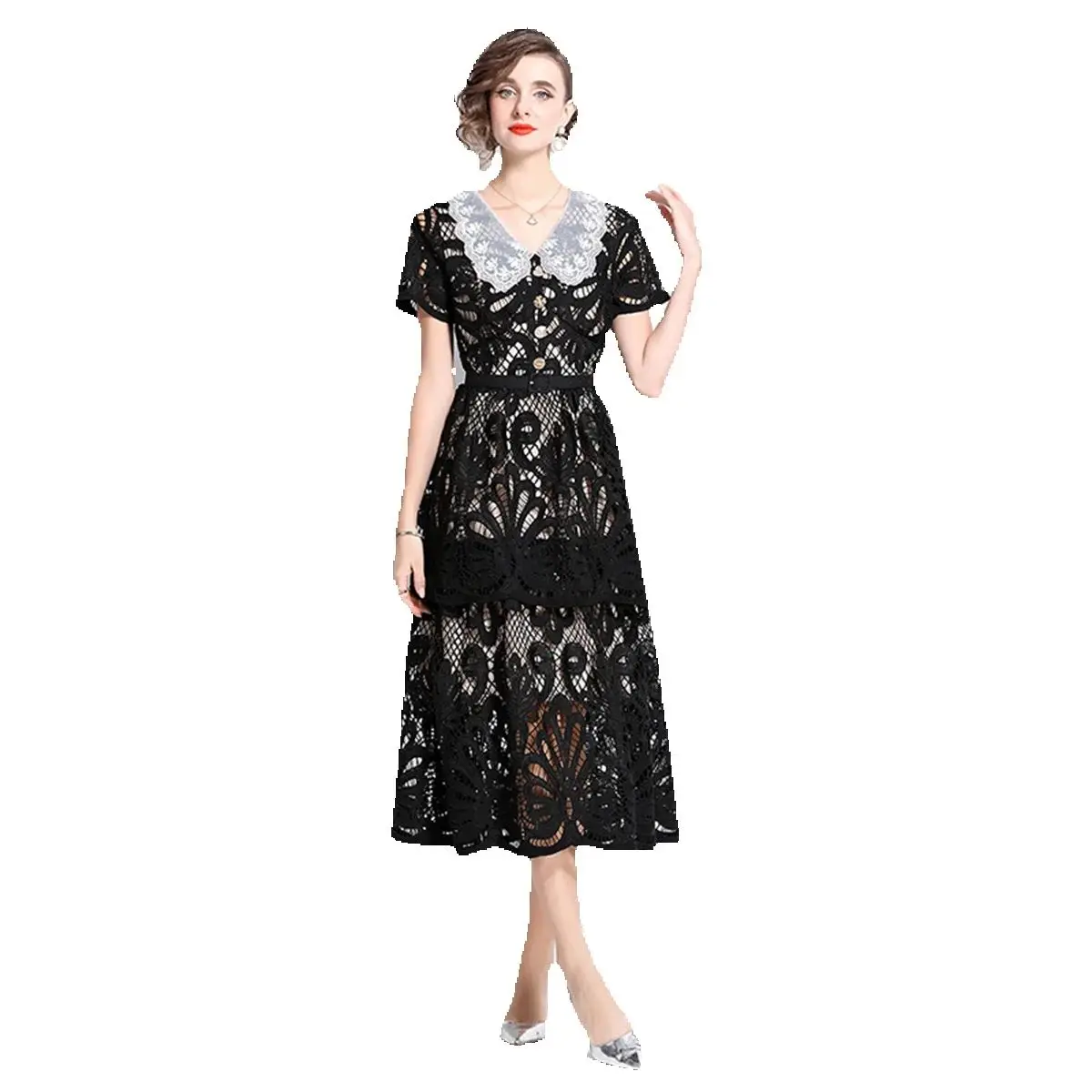 Runway Women Vintage Elegant Hollow Out Lace Dresses V-Neck Short Sleeve Embroidery Ruffles Midi Party Dress Summer
Runway Women Vintage Elegant Hollow Out Lace Dresses V-Neck Short Sleeve Embroidery Ruffles Midi Party Dress Summer