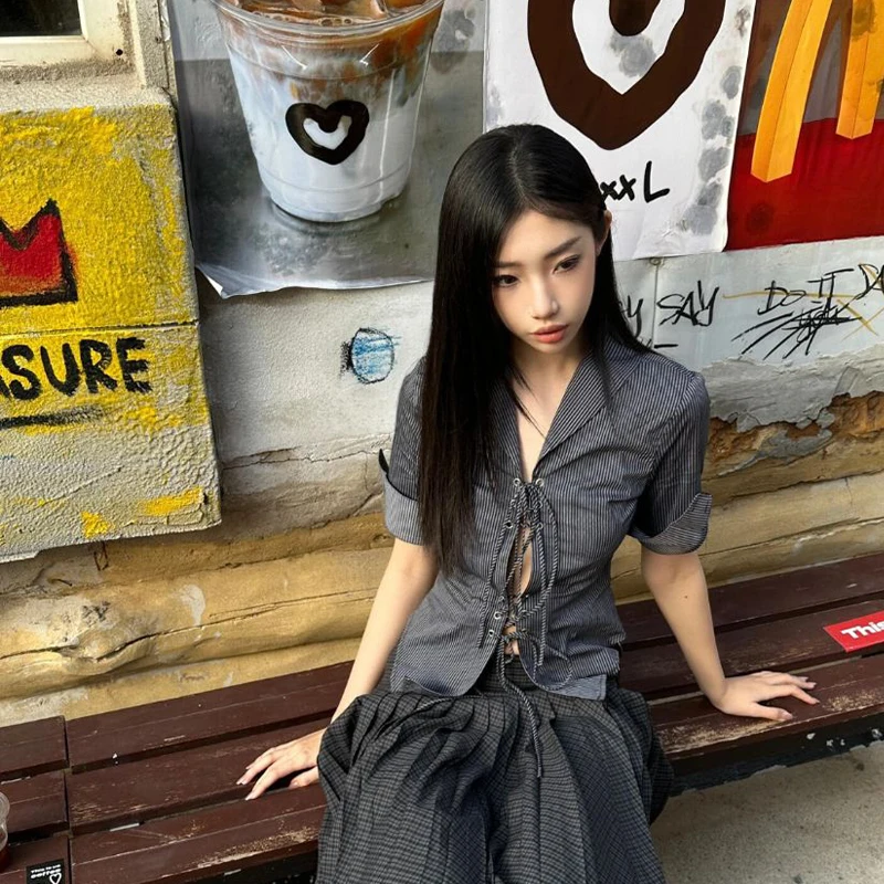 MEXZT Vintage Cropped Striped Shirts Women Y2K Aesthetic Sexy Hollow Out Bandage Blouses Summer Harajuku Korean Slim Tops New
MEXZT Vintage Cropped Striped Shirts Women Y2K Aesthetic Sexy Hollow Out Bandage Blouses Summer Harajuku Korean Slim Tops New