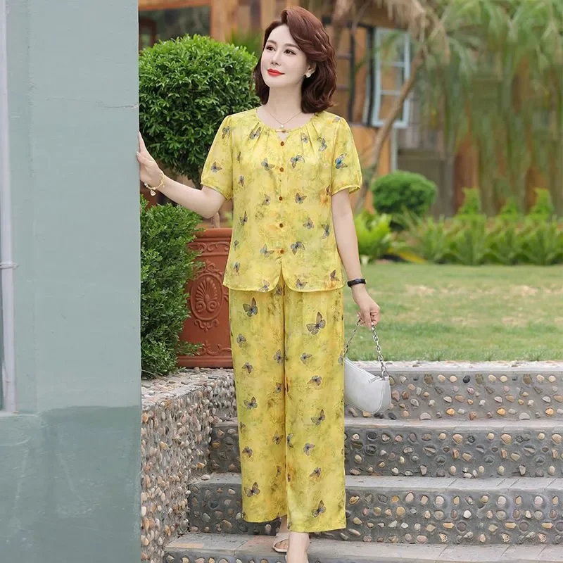 Women Butterfly Print Cotton Short Sleeve Top Wide Leg Pants Two Piece Set For Elderly Mom Summer
Women Butterfly Print Cotton Short Sleeve Top Wide Leg Pants Two Piece Set For Elderly Mom Summer