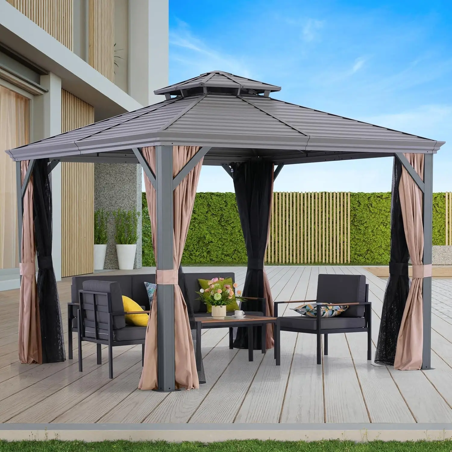 Nova 10' X 10' Hardtop Gazebo with Double Roof, Breathable Netting & Privacy Curtain Include, Heavy Duty Galvanized, Customized
Nova 10' X 10' Hardtop Gazebo with Double Roof, Breathable Netting & Privacy Curtain Include, Heavy Duty Galvanized, Customized