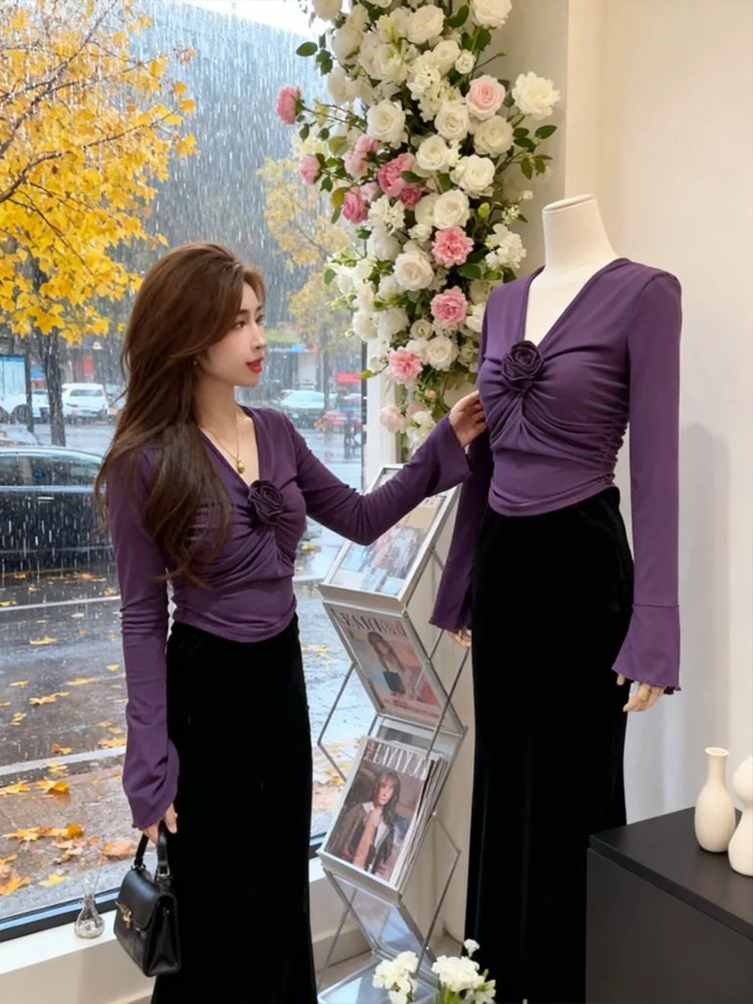 Фиолетовая плиссированная женская футболка с 3D-цветами, V-образным вырезом и длинным рукавом, приталенная, базовый слой, весенняя одежда в корейском стиле
Фиолетовая плиссированная женская футболка с 3D-цветами, V-образным вырезом и длинным рукавом, приталенная, базовый слой, весенняя одежда в корейском стиле