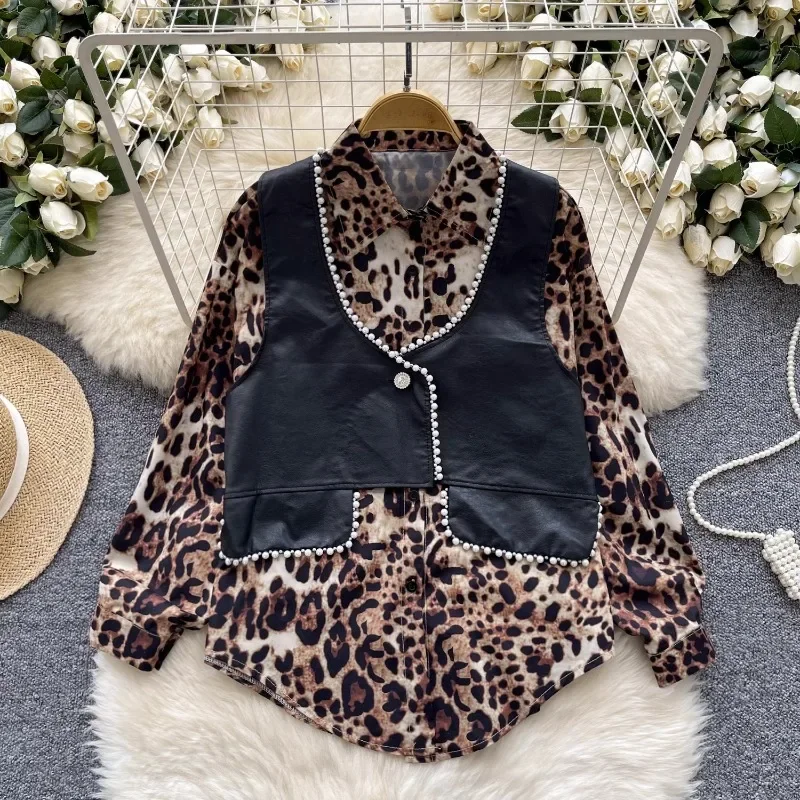 Fashion Commuter 2-Piece Sets Casual Street Top Autumn New Long-Sleeved Leopard Print Shirt+Beaded Leather Vest Suits Women
Fashion Commuter 2-Piece Sets Casual Street Top Autumn New Long-Sleeved Leopard Print Shirt+Beaded Leather Vest Suits Women