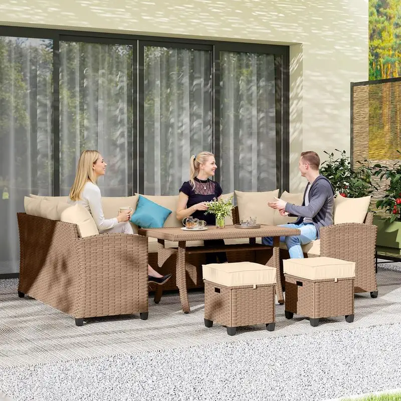 Outsunny 6 Piece Patio Furniture Set, PE Wicker Outdoor Furniture Conversation Set with 3 Sofas, 2 Ottomans and Slatted WPC Top Dining Table, All Weather Sectional Sofa Couch with Pillows, Khaki
Outsunny 6 Piece Patio Furniture Set, PE Wicker Outdoor Furniture Conversation Set with 3 Sofas, 2 Ottomans and Slatted WPC Top Dining Table, All Weather Sectional Sofa Couch with Pillows, Khaki