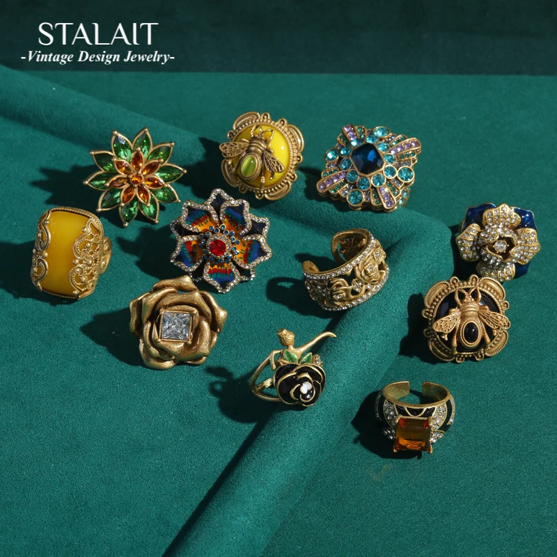 Vintage Elegant Large Flower Rings for Women Luxury Designer Colorful Rhinestones Rose Camellia Bee Antique Jewelry Wedding
Vintage Elegant Large Flower Rings for Women Luxury Designer Colorful Rhinestones Rose Camellia Bee Antique Jewelry Wedding