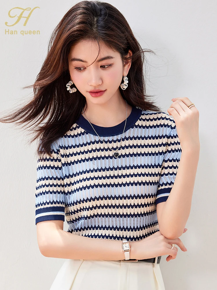 H Han Queen Summer Tops Casual Korean OL Loose Women Tee Simple Office Colour Blocked Striped knit Female Short Sleeve T-Shirt
H Han Queen Summer Tops Casual Korean OL Loose Women Tee Simple Office Colour Blocked Striped knit Female Short Sleeve T-Shirt