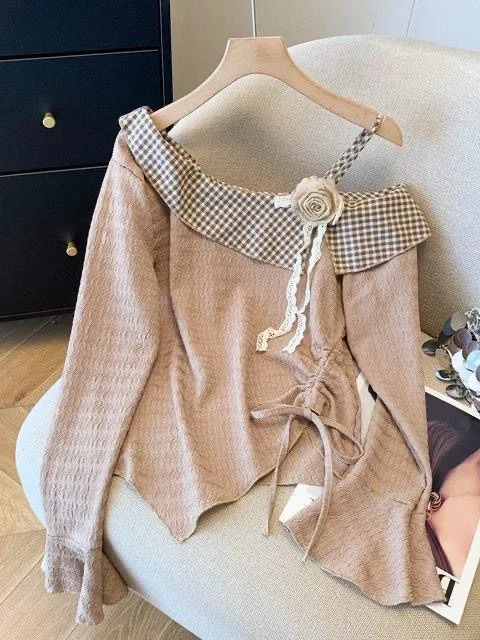 Khaki 3D Flower Asymmetrical oulder Long Sve T-irt Women's Vintage Design Dstring Slim Fit Top Autumn Faion
Khaki 3D Flower Asymmetrical oulder Long Sve T-irt Women's Vintage Design Dstring Slim Fit Top Autumn Faion