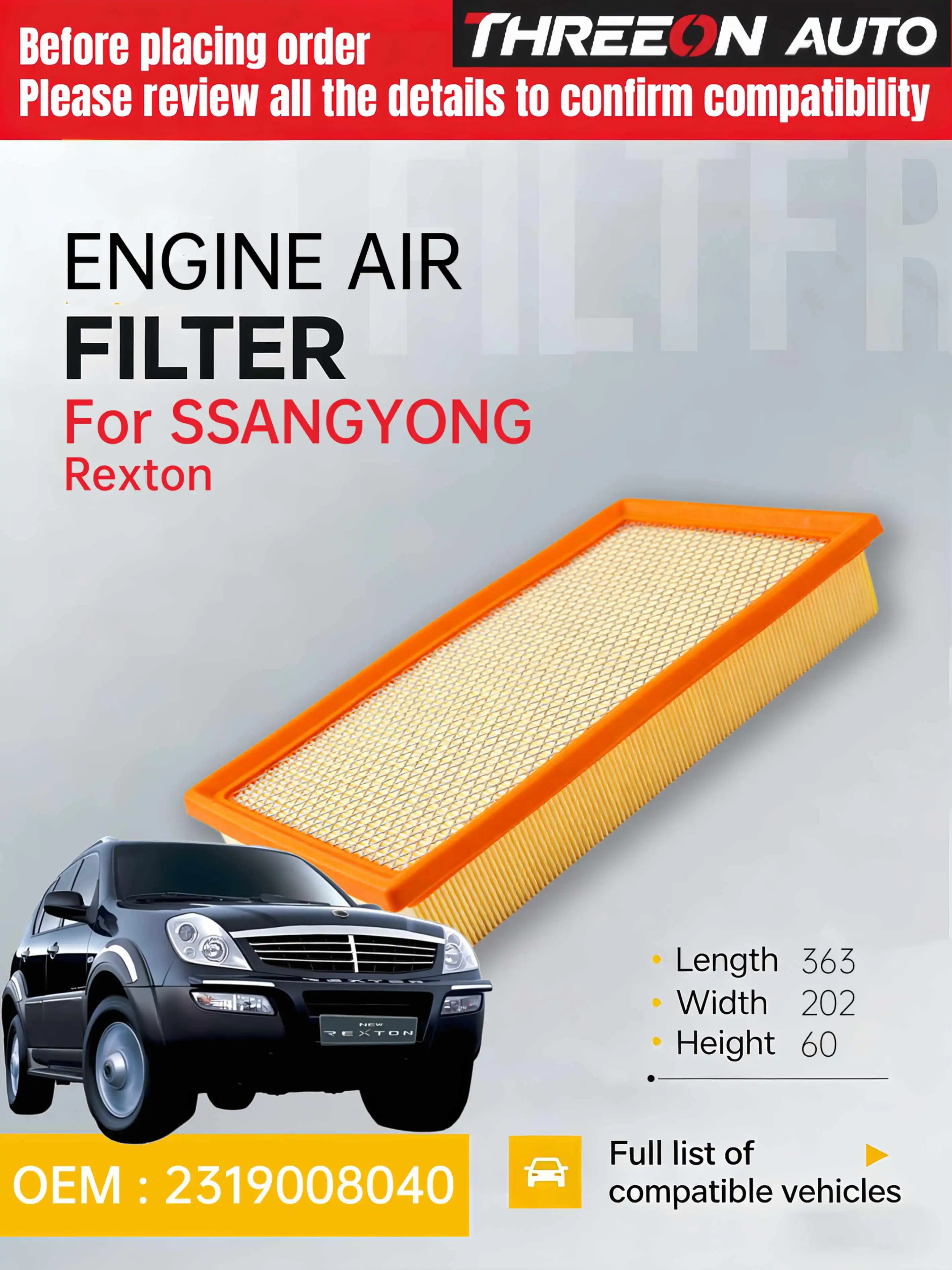 For SSANGYONG REXTON / REXTON II (GAB_) 2.3 3.2 RX230 02-06 for DAEWOO WESTGUARD Air Filter MA30101 SSANGYONG : 2319008040
For SSANGYONG REXTON / REXTON II (GAB_) 2.3 3.2 RX230 02-06 for DAEWOO WESTGUARD Air Filter MA30101 SSANGYONG : 2319008040