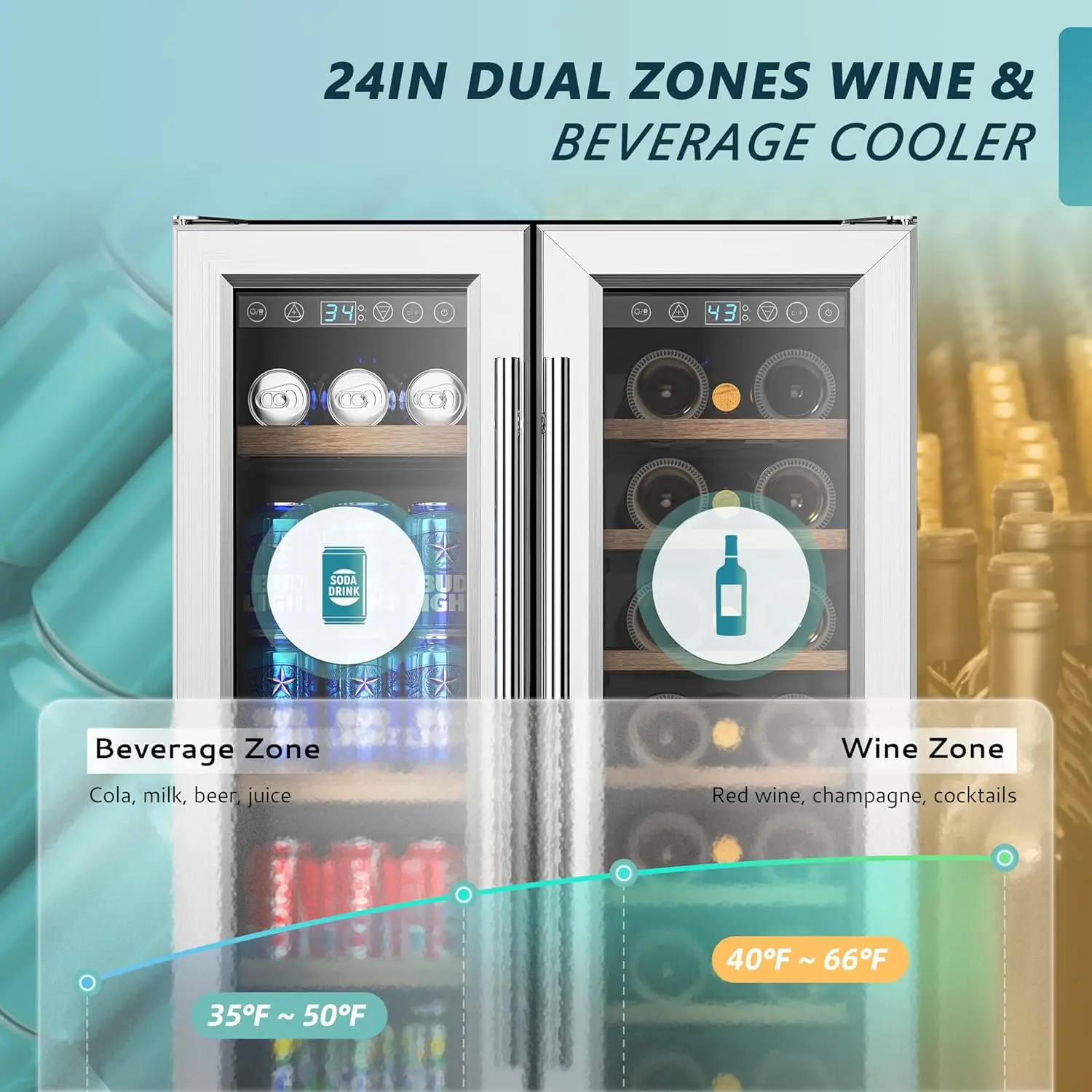 Beverage Refrigerator, 24 Inch Dual Zone Wine Cooler with Glass Door Hold 21 Bottles and 88 Cans, Built in or Under Counter
Beverage Refrigerator, 24 Inch Dual Zone Wine Cooler with Glass Door Hold 21 Bottles and 88 Cans, Built in or Under Counter