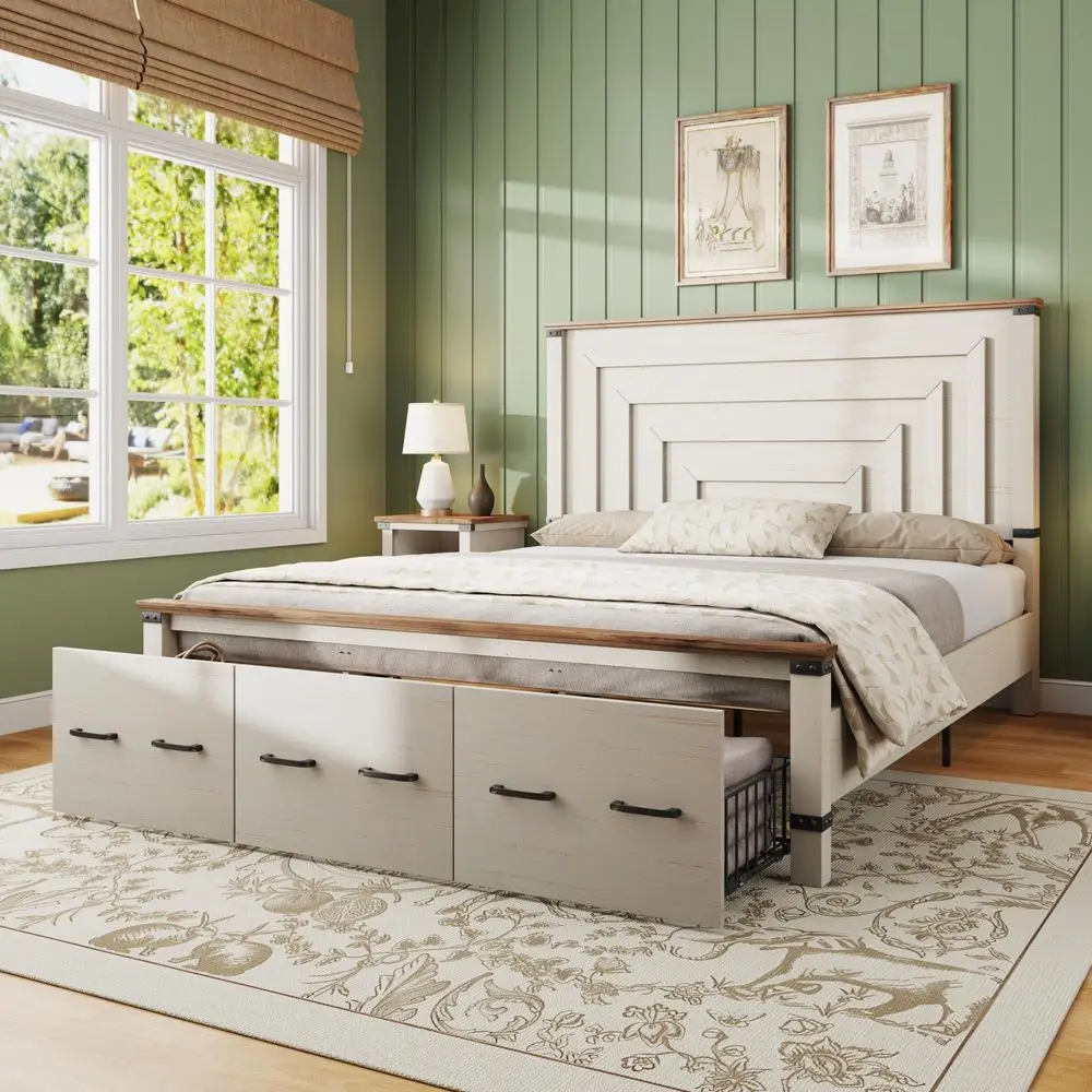 Farmhouse King Size Bed Frame with 51 Tall Geometric Headboard amp Footboard, Rustic Wood Platform Bed Frame w 3 Large Storage
Farmhouse King Size Bed Frame with 51 Tall Geometric Headboard amp Footboard, Rustic Wood Platform Bed Frame w 3 Large Storage