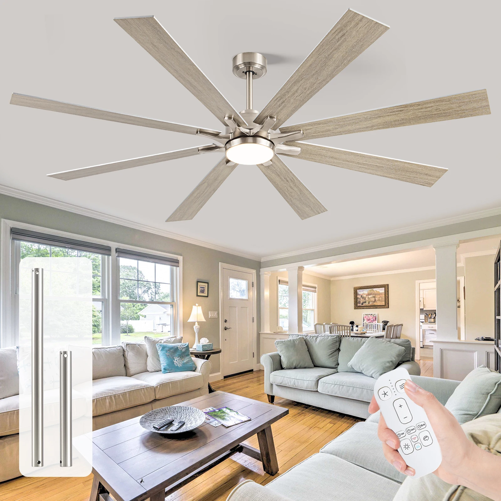 62/72-inch Industrial Ceiling Fan with Light 8 Blades Noiseless Reversible DC Motor High CFM Fan for Workshop Patios Bedroom
62/72-inch Industrial Ceiling Fan with Light 8 Blades Noiseless Reversible DC Motor High CFM Fan for Workshop Patios Bedroom