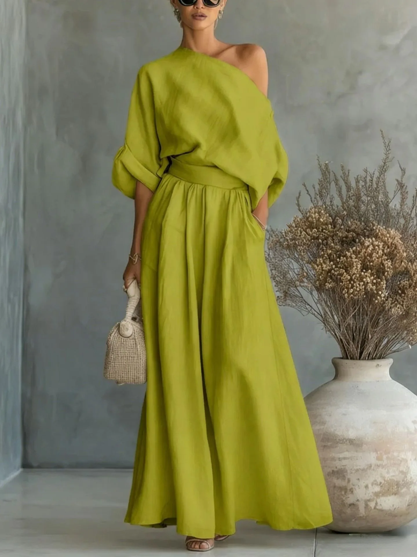 Two Piece Set Women Outfit 2026 Spring Summer New Slanted Collar Off Shouder Half Sleeve Top & High Waist Wide Leg Pants Set
Two Piece Set Women Outfit 2026 Spring Summer New Slanted Collar Off Shouder Half Sleeve Top & High Waist Wide Leg Pants Set