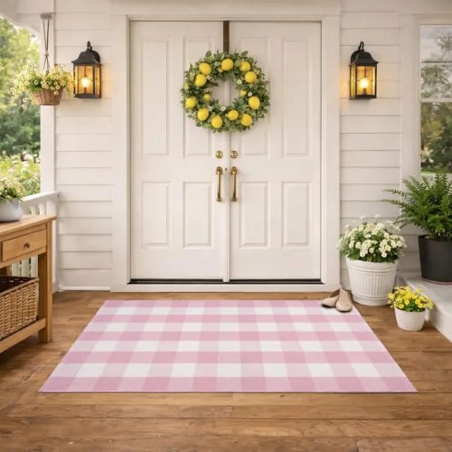 Spring Pink and White Plaid Rug, Cotton Blend Layered Doormat Rug for Front Door, Hand-Woven Washable Entryway and Porch Decor
Spring Pink and White Plaid Rug, Cotton Blend Layered Doormat Rug for Front Door, Hand-Woven Washable Entryway and Porch Decor