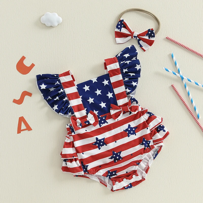 Independence Day Baby Girl Romper with American Flag Print and Ruffled Sleeves Square Neck Jumpsuit and Matching Bow Headband
Independence Day Baby Girl Romper with American Flag Print and Ruffled Sleeves Square Neck Jumpsuit and Matching Bow Headband