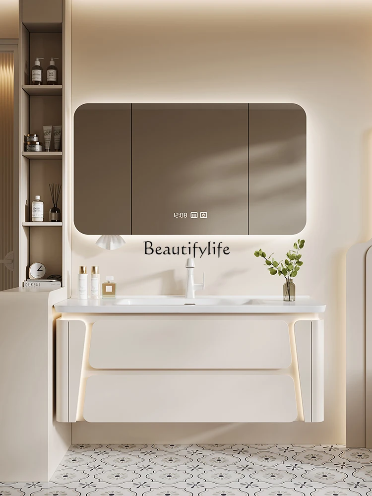 Cream wind oak paint bathroom cabinet combination ceramic integrated basin bathroom washstand set
Cream wind oak paint bathroom cabinet combination ceramic integrated basin bathroom washstand set