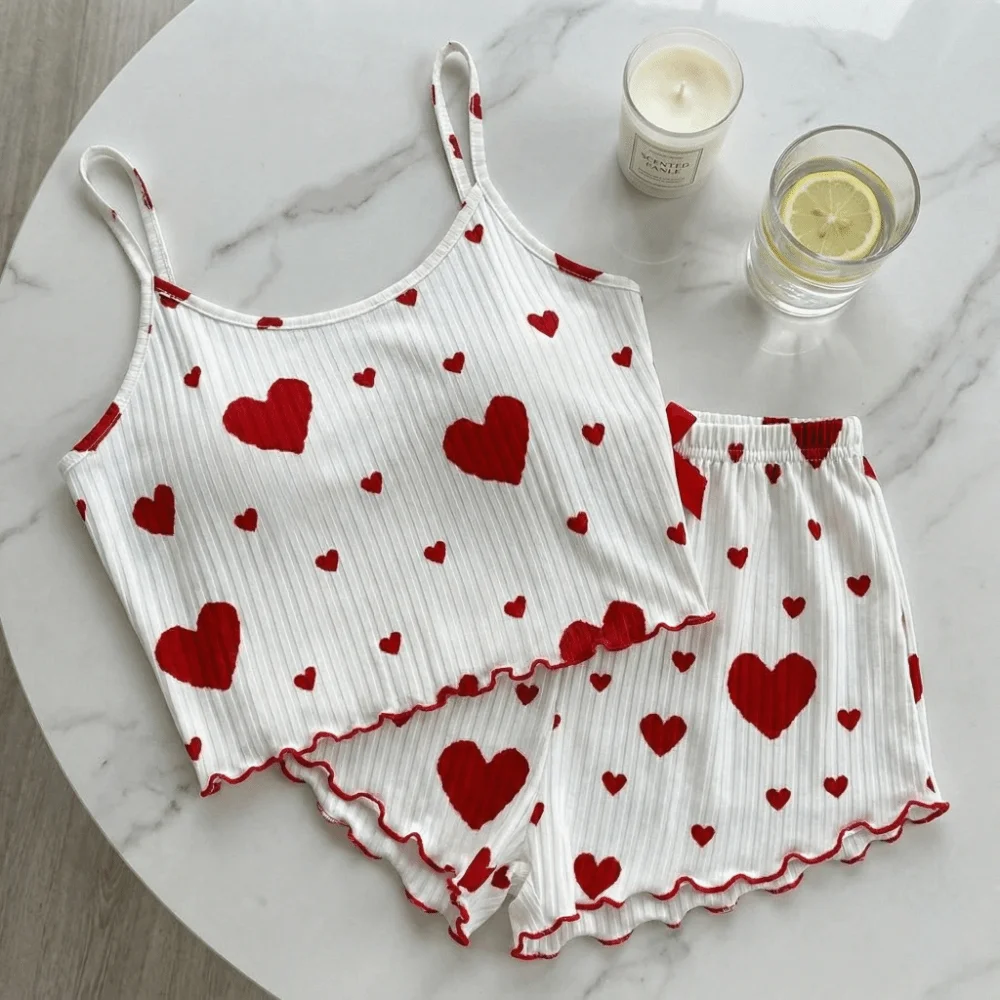 Casual Love Heart Women's Pajamas Set Homewear Summer Two Piece Nightwear Bow Cami Shorts Pajamas Women
Casual Love Heart Women's Pajamas Set Homewear Summer Two Piece Nightwear Bow Cami Shorts Pajamas Women