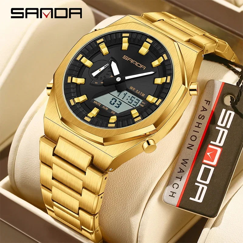 SANDA Роскошные мужские электронные часы с двойным дисплеем, будильник обратного отсчета, водонепроницаемые часы, кварцевые мужские спортивные часы из нержавеющей стали
SANDA Роскошные мужские электронные часы с двойным дисплеем, будильник обратного отсчета, водонепроницаемые часы, кварцевые мужские спортивные часы из нержавеющей стали
