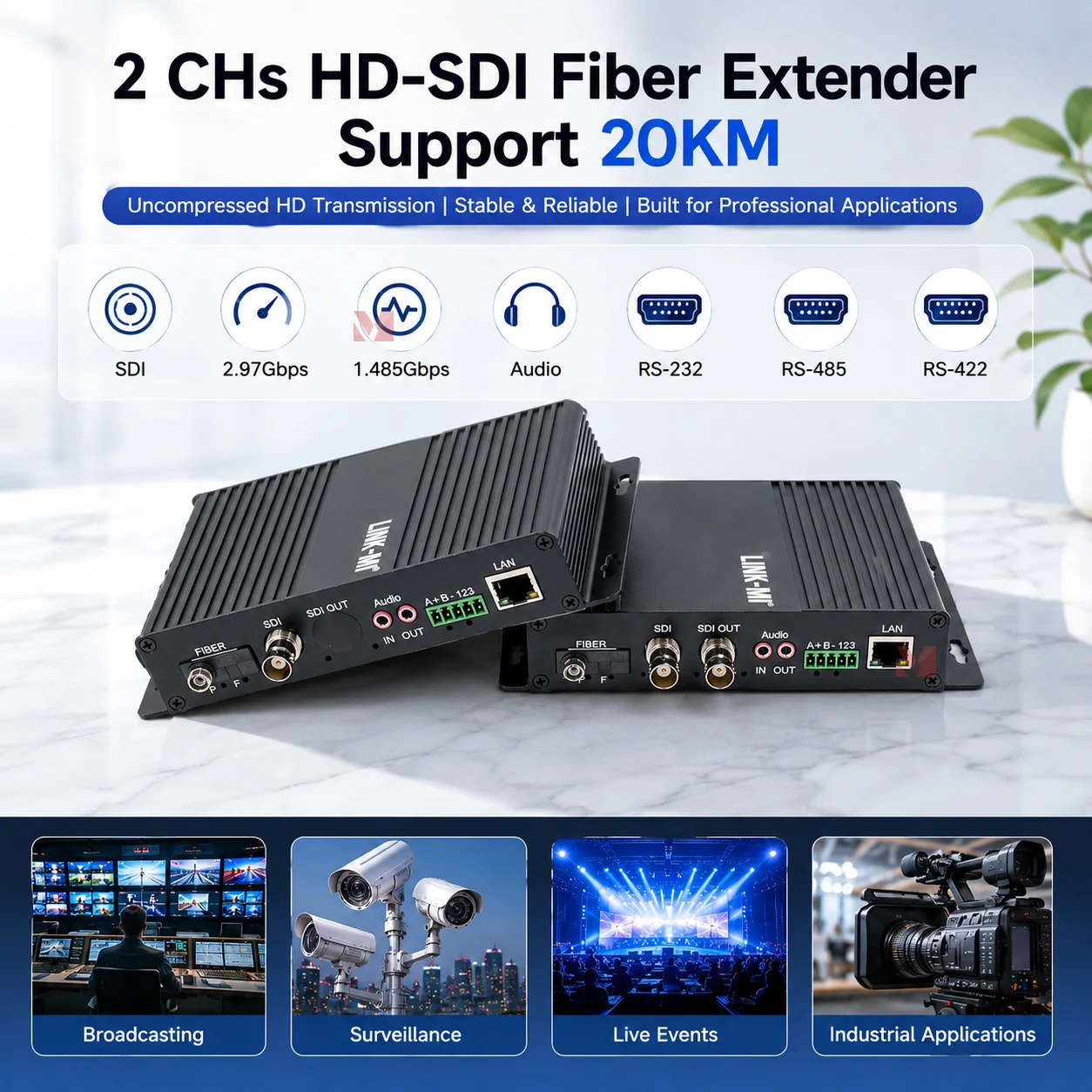 SDI Data Media Fiber Converter 20km 2 CHs HD-SDI Fiber Extender Optional Audio/RS232/RS422/RS485
SDI Data Media Fiber Converter 20km 2 CHs HD-SDI Fiber Extender Optional Audio/RS232/RS422/RS485