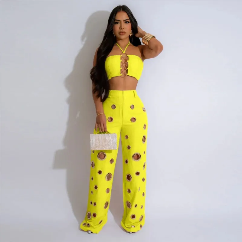 Fashion Women Set Sleeveless Strapless Tops + Wide Leg Pants Two Piece Set Hole Hollow Out Outfit Summer Sexy Street Tracksuit
Fashion Women Set Sleeveless Strapless Tops + Wide Leg Pants Two Piece Set Hole Hollow Out Outfit Summer Sexy Street Tracksuit