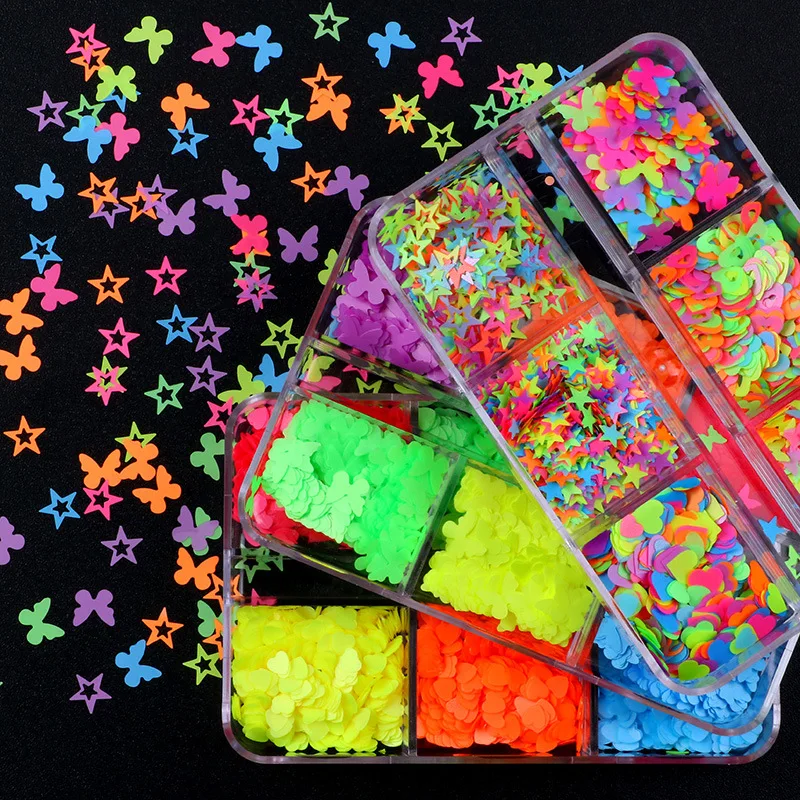 Mixed Colors Neon Stars Heart Butterfly Nail Sequins Fluorescence Sparkly Glitter Flakes For Nail Art Decorations Summer Charms
Mixed Colors Neon Stars Heart Butterfly Nail Sequins Fluorescence Sparkly Glitter Flakes For Nail Art Decorations Summer Charms