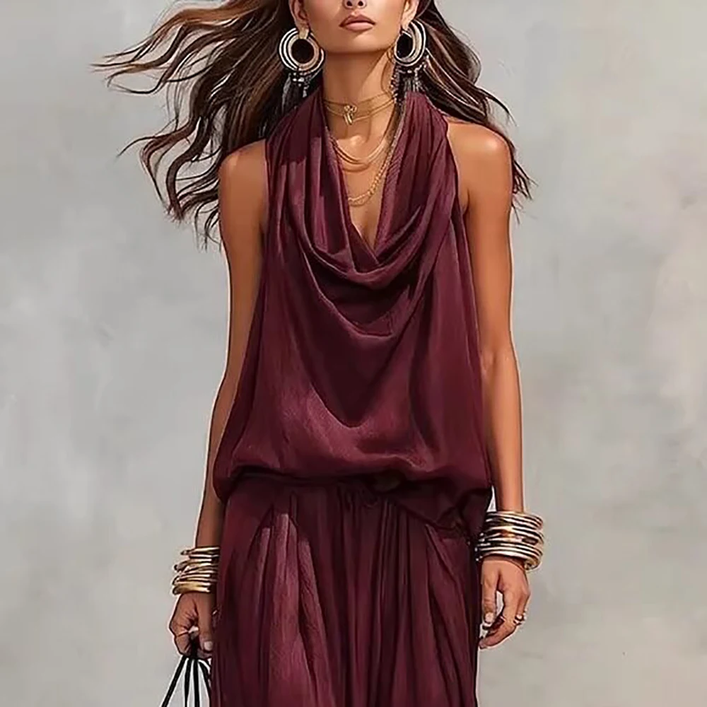 Women Multi-Layered Halter Neck 2 Piece Set Draped Top Suit Solid Sleeveless Loose Summer Casual Vest With Wide-Leg Pants Sets
Women Multi-Layered Halter Neck 2 Piece Set Draped Top Suit Solid Sleeveless Loose Summer Casual Vest With Wide-Leg Pants Sets