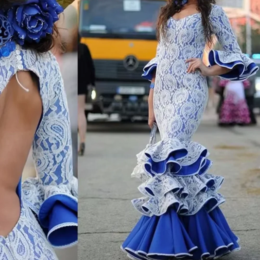 Floor Length Backless Ruffles Lace Applique Dancing Dresses Flamenco Dresses Flare Sleeve Mermaid Formal Dress Customized
Floor Length Backless Ruffles Lace Applique Dancing Dresses Flamenco Dresses Flare Sleeve Mermaid Formal Dress Customized