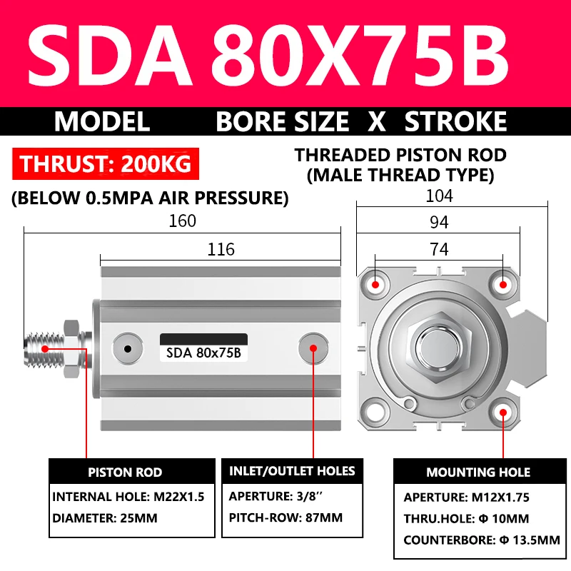 ABILKEEN SDA80X75B SDA Series Thin Air Cylinder 80MM Male Thread Bore X 75MM Stroke Double Acting Pneumatic Compact Cylinder
ABILKEEN SDA80X75B SDA Series Thin Air Cylinder 80MM Male Thread Bore X 75MM Stroke Double Acting Pneumatic Compact Cylinder