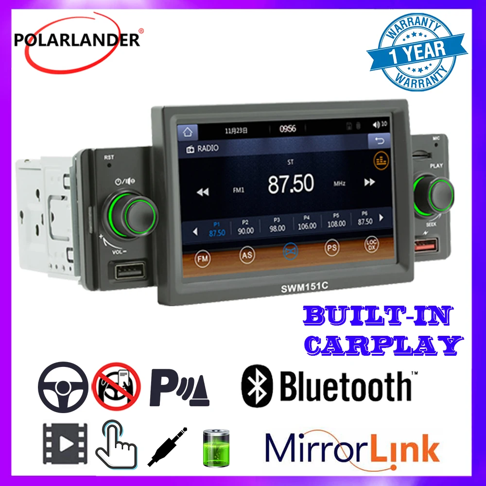 1 Din Car Radio MP5 player FM Bluetooth Android Auto/Apple CarPlay USB SD TF 5'' Hands-free Mirror Link IPS Touch Screen
1 Din Car Radio MP5 player FM Bluetooth Android Auto/Apple CarPlay USB SD TF 5'' Hands-free Mirror Link IPS Touch Screen