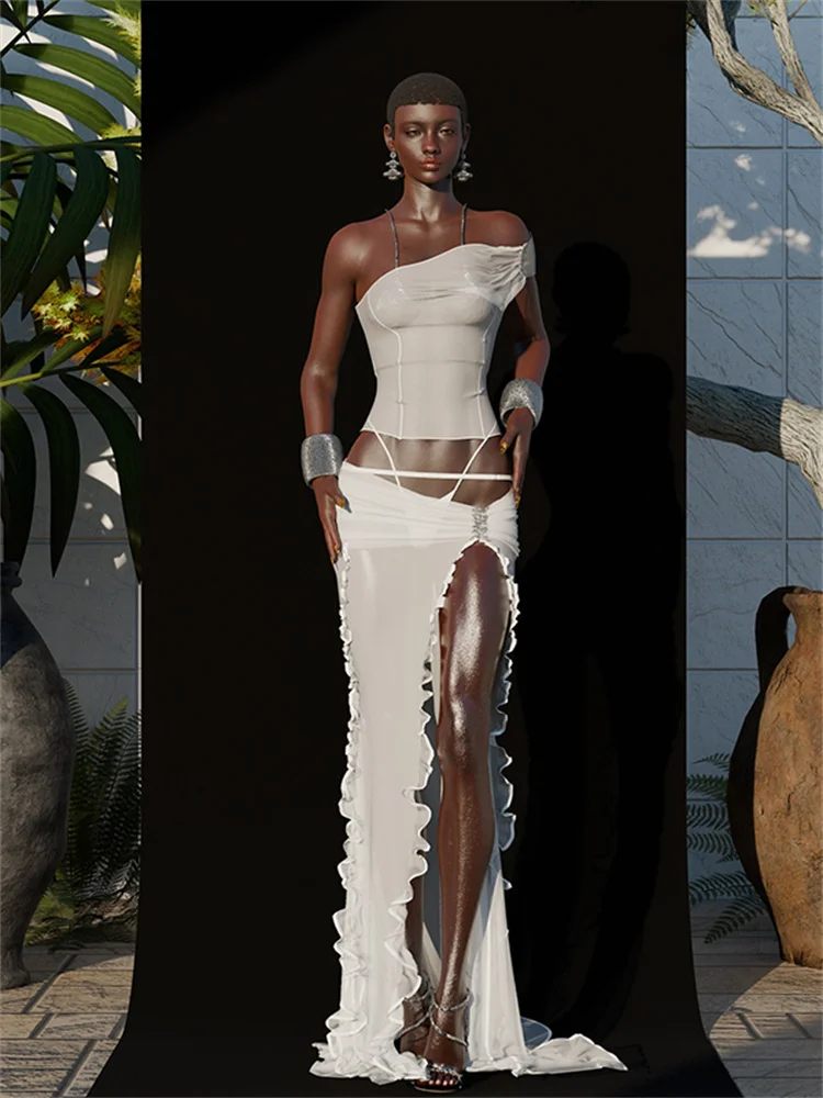 Whatiwear Mesh Sexy 3 Piece Set Women Summer Skew Collar Backless Tank Tops+g-String+Slits Skirts Clubwear Vacation Trend Suits
Whatiwear Mesh Sexy 3 Piece Set Women Summer Skew Collar Backless Tank Tops+g-String+Slits Skirts Clubwear Vacation Trend Suits