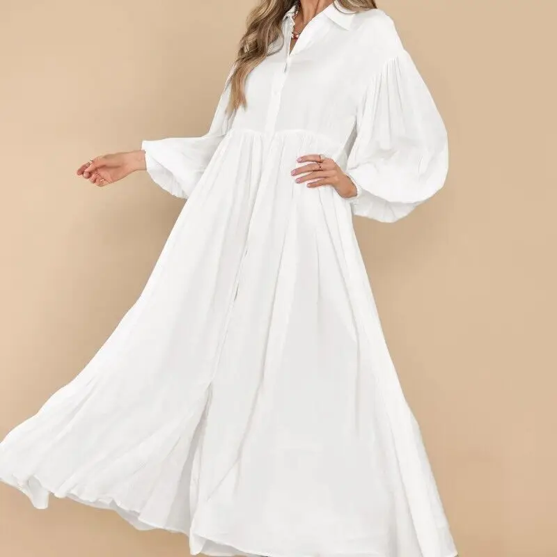 2025 New Cross-Border Women's Casual Solid Color Maxi Dress Buttoned Lapel Pleated Long Sleeve Dress Stylish Ultra 
2025 New Cross-Border Women's Casual Solid Color Maxi Dress Buttoned Lapel Pleated Long Sleeve Dress Stylish Ultra