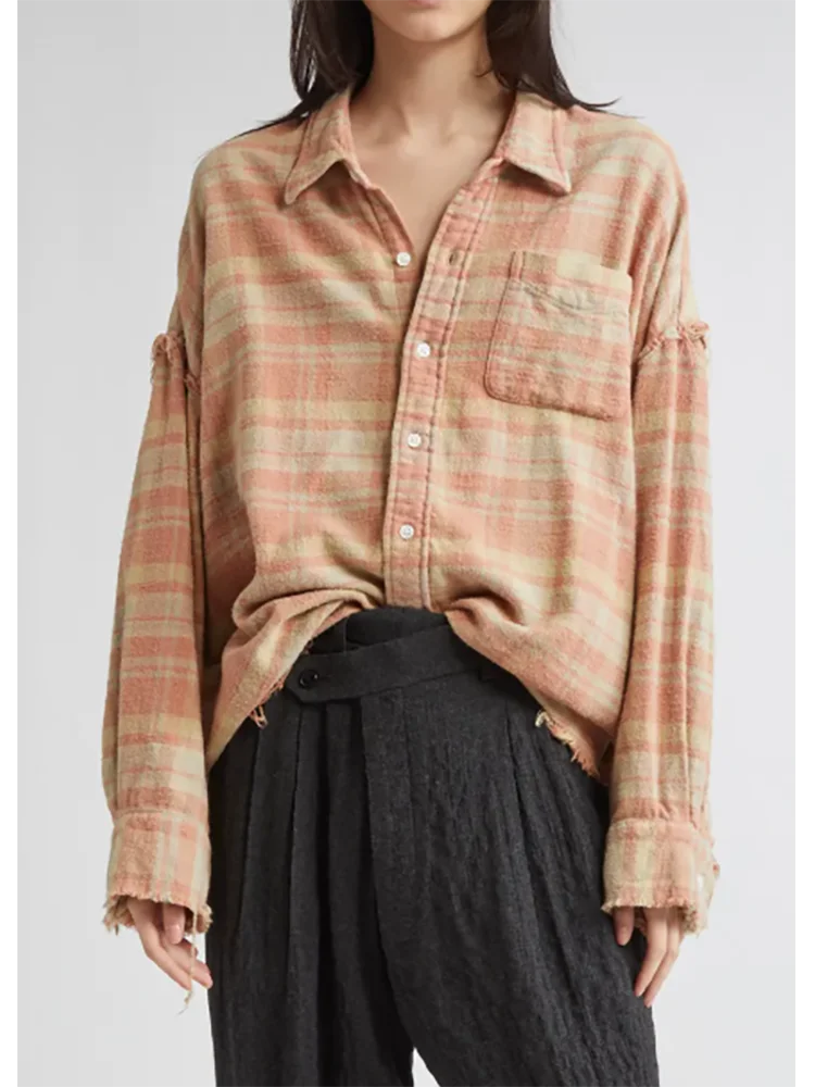 Ladies' vintage distressed fringed checkered shirt 2025 early autumn new style loose and laid-back casual long-sleeved cardigan 
Ladies' vintage distressed fringed checkered shirt 2025 early autumn new style loose and laid-back casual long-sleeved cardigan