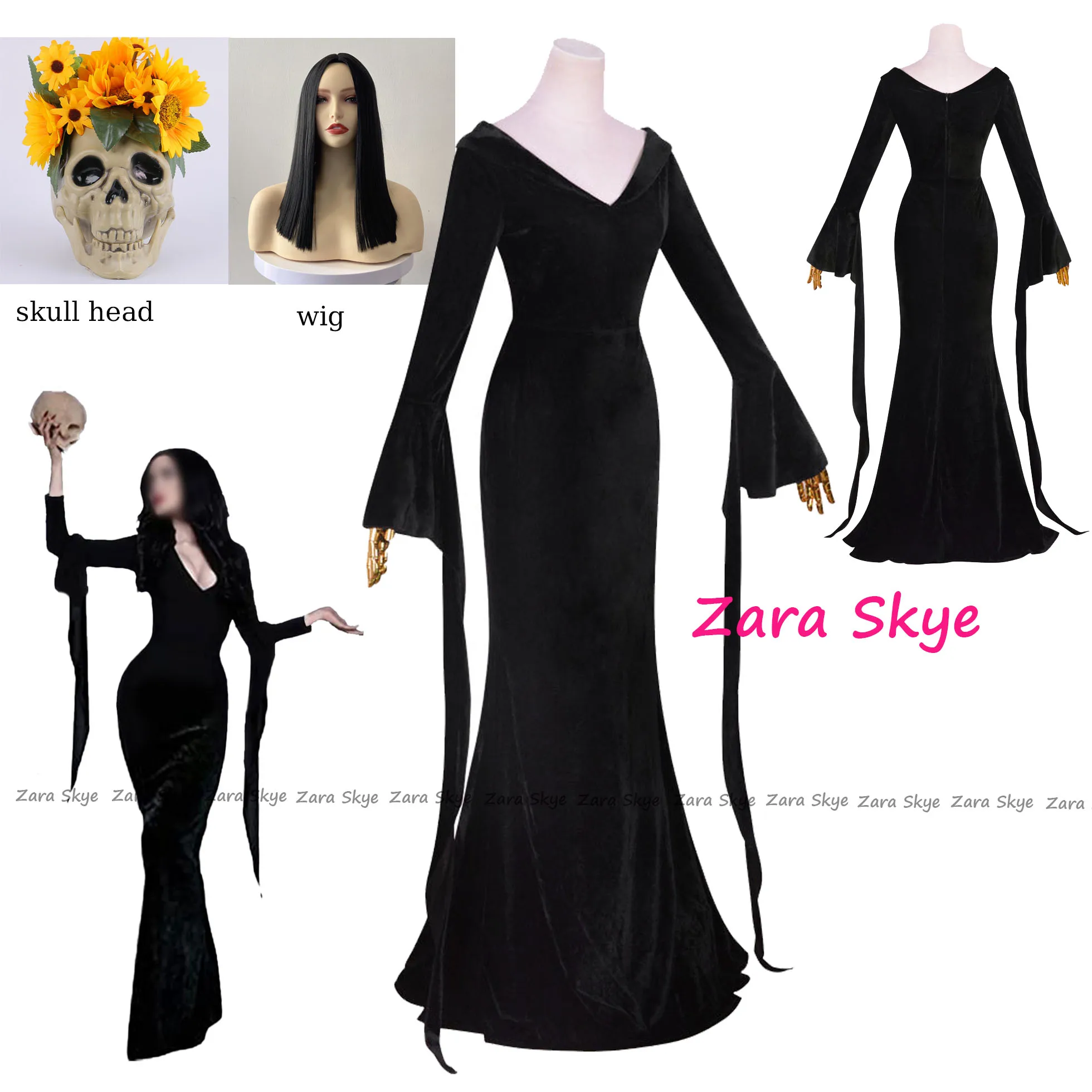 Women's Gothic Ghost Vampire Dress, Morticia Addams Cosplay Costume , skull head Halloween Cosplay wig
Women's Gothic Ghost Vampire Dress, Morticia Addams Cosplay Costume , skull head Halloween Cosplay wig