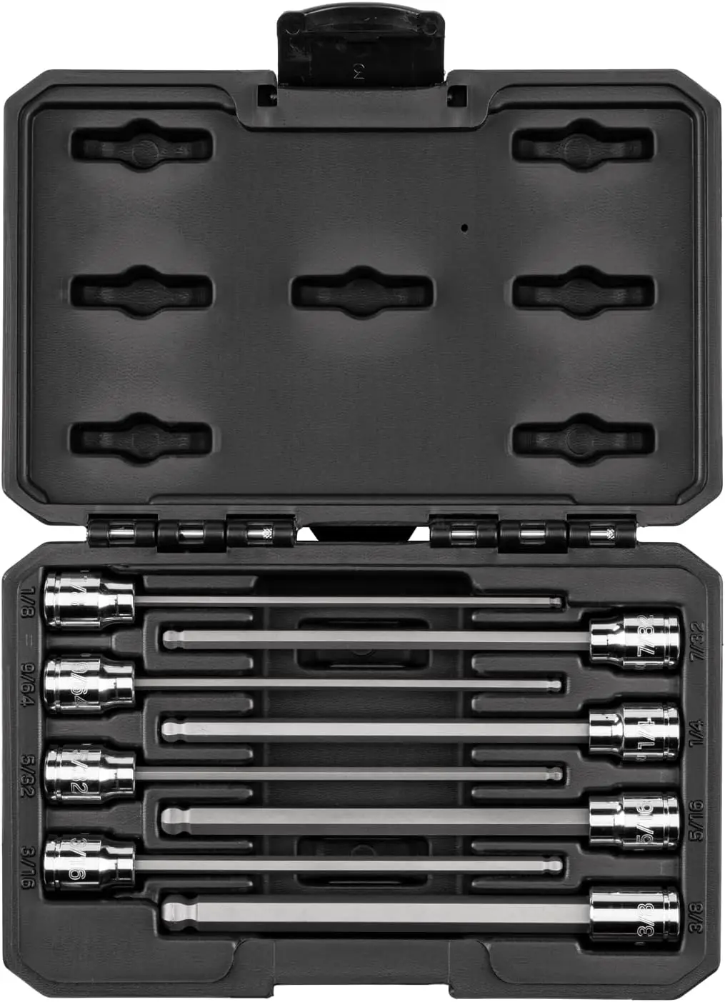 3/8 Inch Drive Long Ball End Hex Bit Socket Set, 8-Piece (1/8-3/8 in.) for Recessed Fasteners
3/8 Inch Drive Long Ball End Hex Bit Socket Set, 8-Piece (1/8-3/8 in.) for Recessed Fasteners