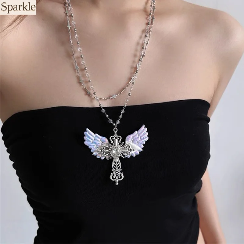 Y2K Trendy Angel Wing Cross Pendant Necklace for Women Unique Transparent Beaded Layered Clavicle Chain Fashion Jewelry Gift 
Y2K Trendy Angel Wing Cross Pendant Necklace for Women Unique Transparent Beaded Layered Clavicle Chain Fashion Jewelry Gift