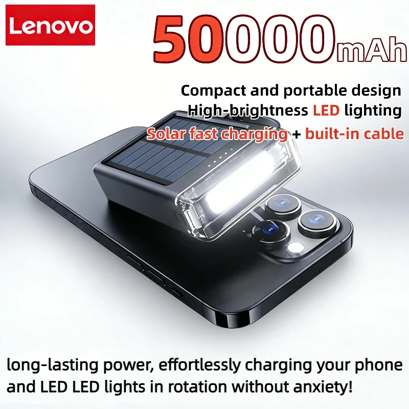 Портативный внешний аккумулятор Lenovo 50000 мАч с быстрой зарядкой, солнечной панелью, компактным светодиодным фонариком и встроенным кабелем, совместимый с iPhone
Портативный внешний аккумулятор Lenovo 50000 мАч с быстрой зарядкой, солнечной панелью, компактным светодиодным фонариком и встроенным кабелем, совместимый с iPhone