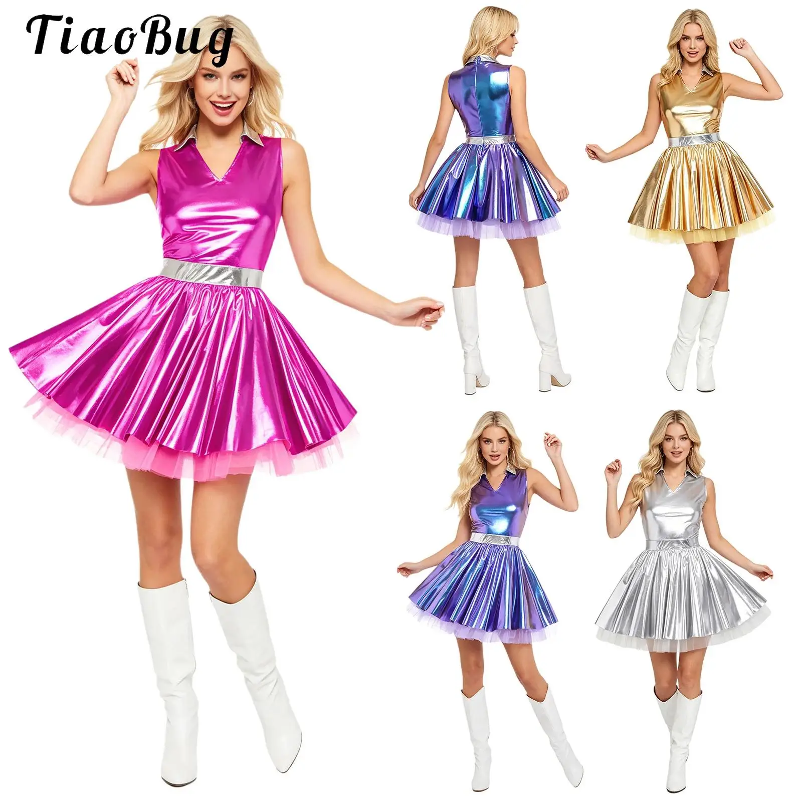 Women Disco Bar Night Club Stage Dance Tutu Dress Sleeveless Lapel V Neck Shiny Metallic A-line Hem Mini Dress
Women Disco Bar Night Club Stage Dance Tutu Dress Sleeveless Lapel V Neck Shiny Metallic A-line Hem Mini Dress