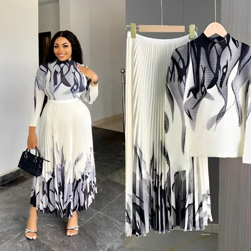 Miyake плиссированная женская рубашка с длинными рукавами и верхней нижней частью, футболка, плотная плиссированная юбка с волнистым принтом, эластичный африканский комплект больших размеров
Miyake плиссированная женская рубашка с длинными рукавами и верхней нижней частью, футболка, плотная плиссированная юбка с волнистым принтом, эластичный африканский комплект больших размеров