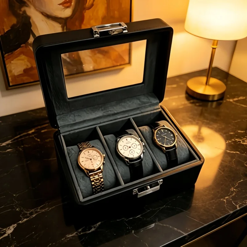 3 Slot Watch Display Case with Lock, Black PU Leather Watch Storage Box + Off-White Spring Storage Bag 2Pcs Set
3 Slot Watch Display Case with Lock, Black PU Leather Watch Storage Box + Off-White Spring Storage Bag 2Pcs Set