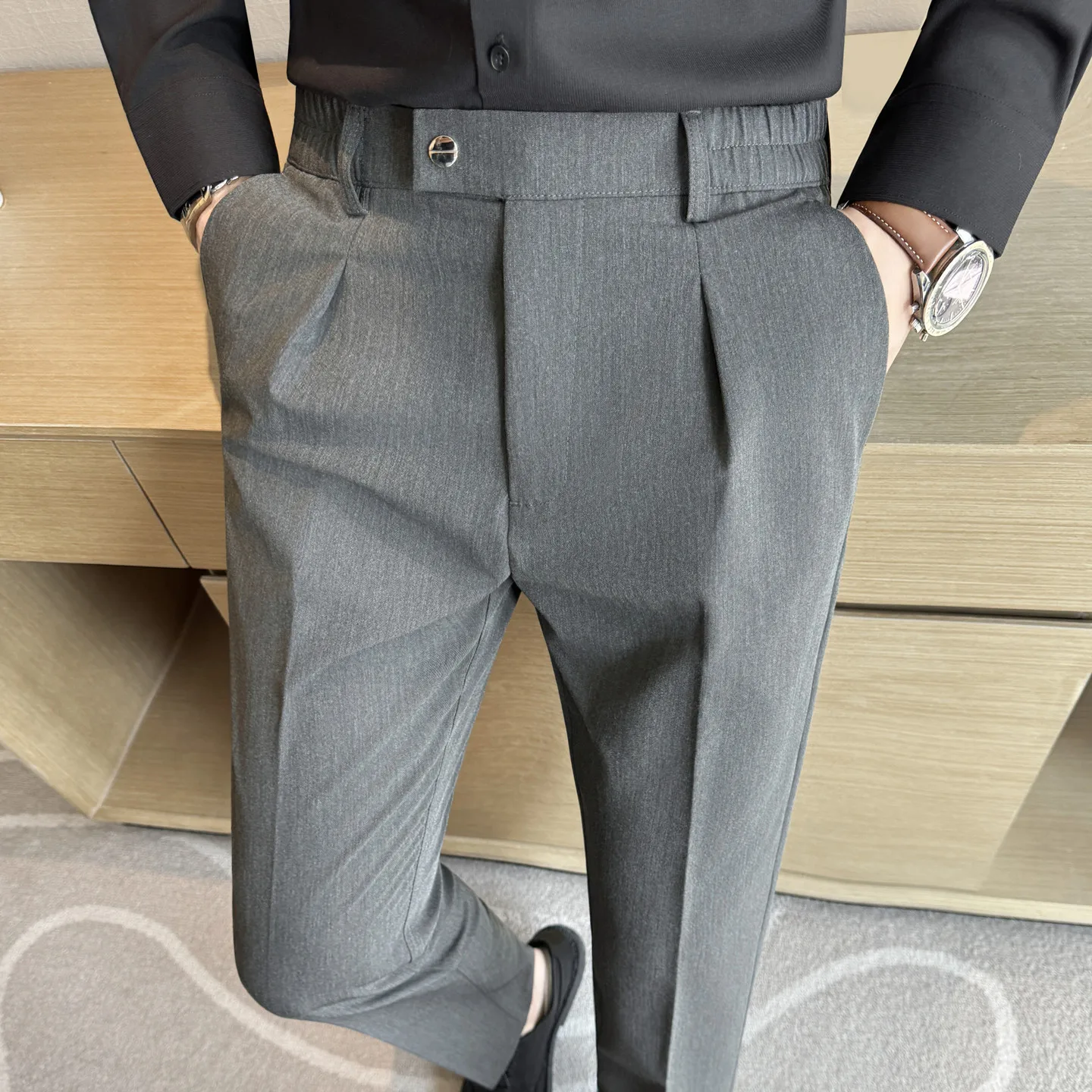 Pantalones Hombre, мужские брюки в британском стиле с эластичной резинкой на талии, деловая официальная одежда, облегающие повседневные брюки для мужчин, одежда 2025
Pantalones Hombre, мужские брюки в британском стиле с эластичной резинкой на талии, деловая официальная одежда, облегающие повседневные брюки для мужчин, одежда 2025