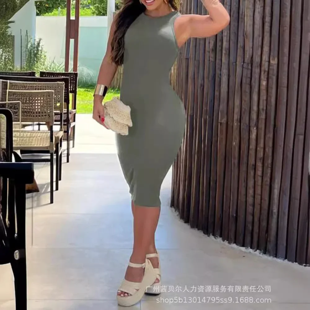 O-neck Sleeveless Ribbed Bodycon Dress Women Solid Color High Waist Slim Midi Dress Summer Sexy
O-neck Sleeveless Ribbed Bodycon Dress Women Solid Color High Waist Slim Midi Dress Summer Sexy