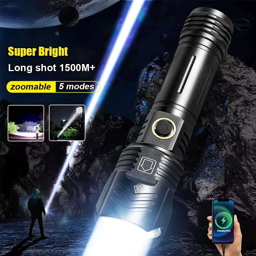 Ultra Bright LED Flashlight 1000000LM Portable Rechargeable High Power Torch Waterproof Tactical Flashlights Camping Lantern
Ultra Bright LED Flashlight 1000000LM Portable Rechargeable High Power Torch Waterproof Tactical Flashlights Camping Lantern